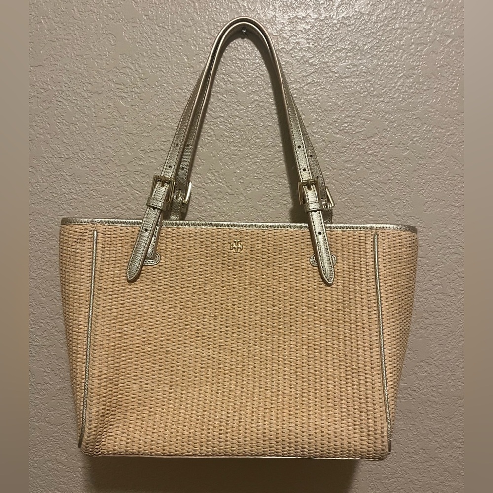 Tory Burch Straw-Weave Tote with Gold Trim